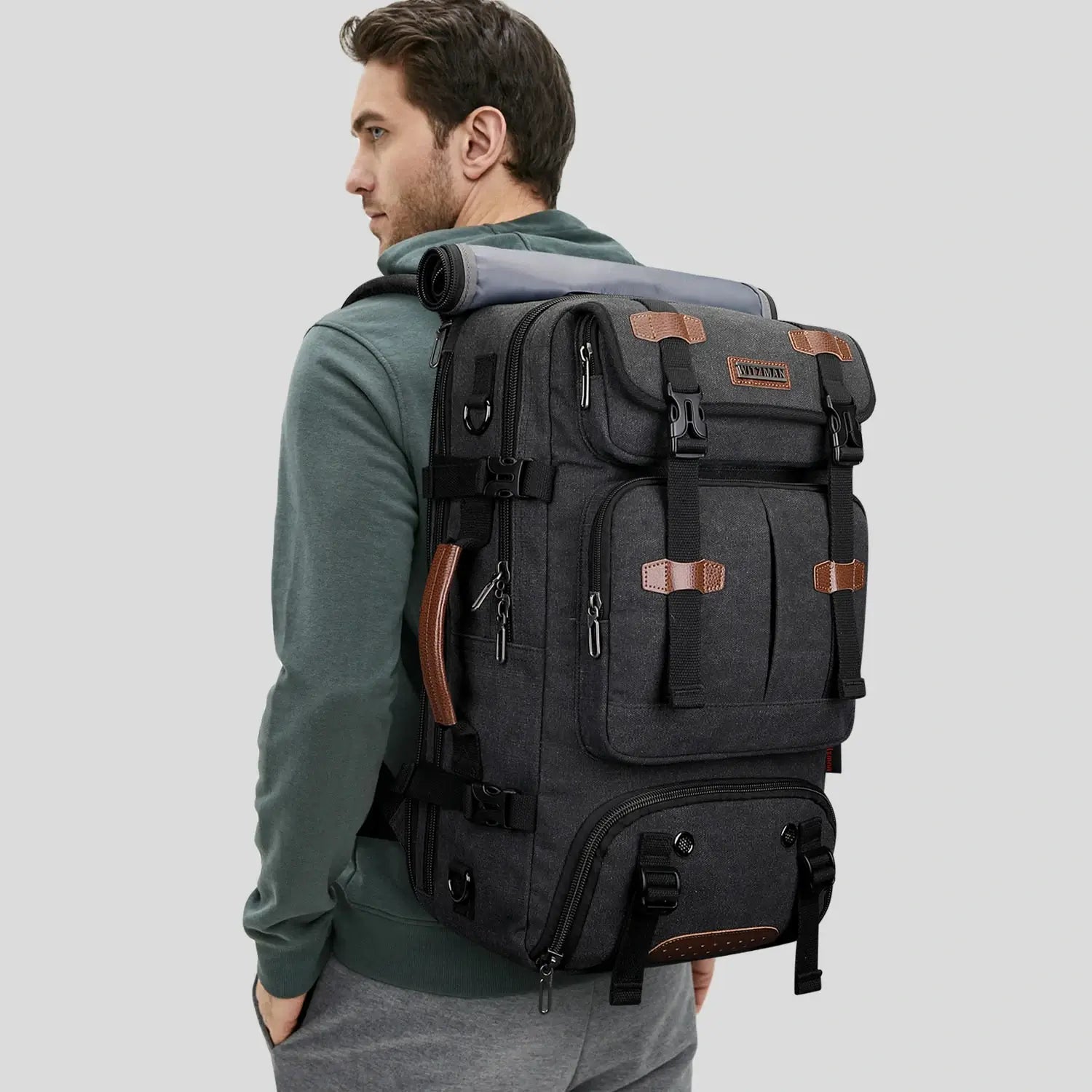 Convertible 40L travel backpack with USB port and 18+ compartments, fits 17 inch laptop, a8013 best black backpack for men