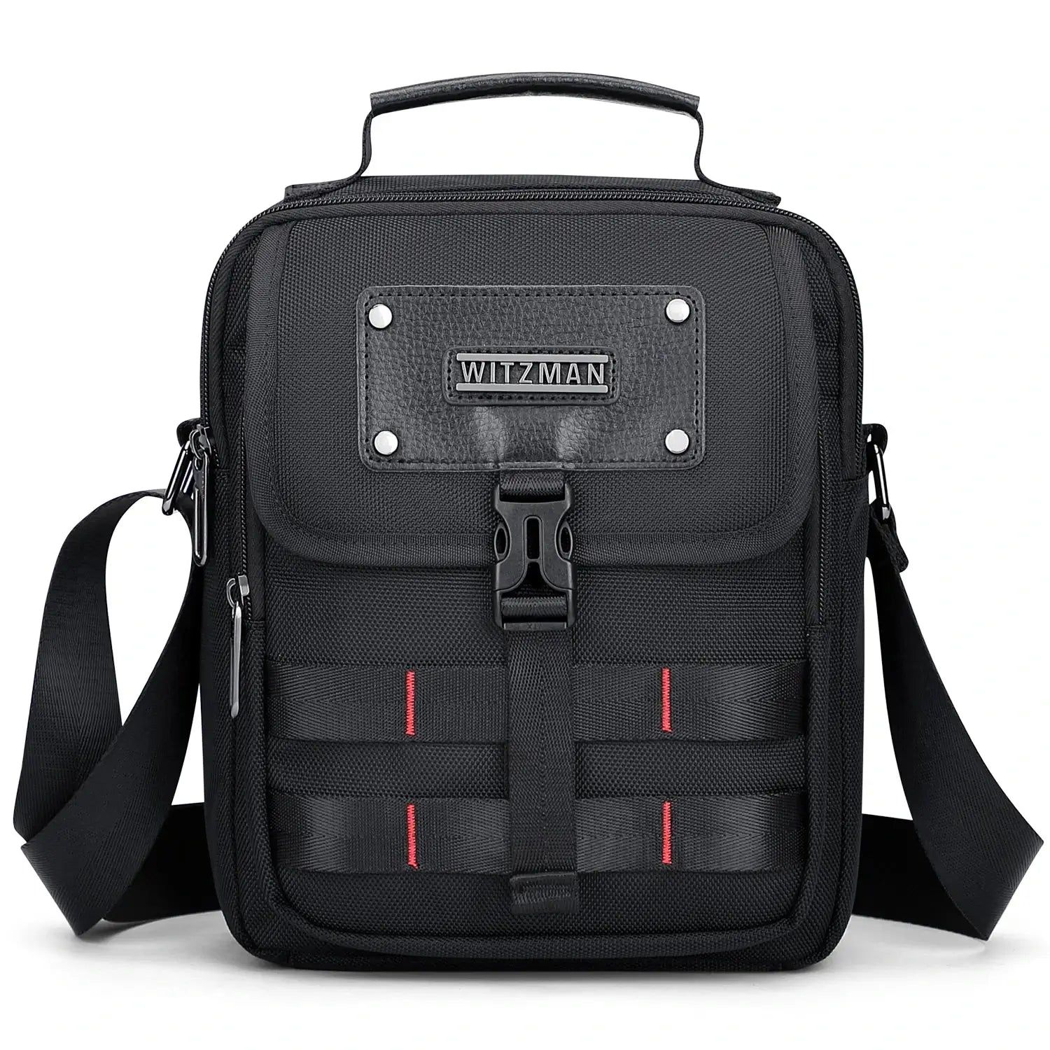 WITZMAN B708 men’s lightweight nylon crossbody bag with front MOLLE webbing - black messenger bag