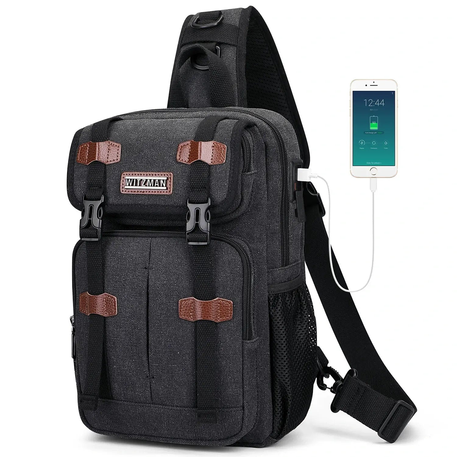 Men’s Canvas Sling Bag with USB Port, Vintage Crossbody Chest Bag A8019