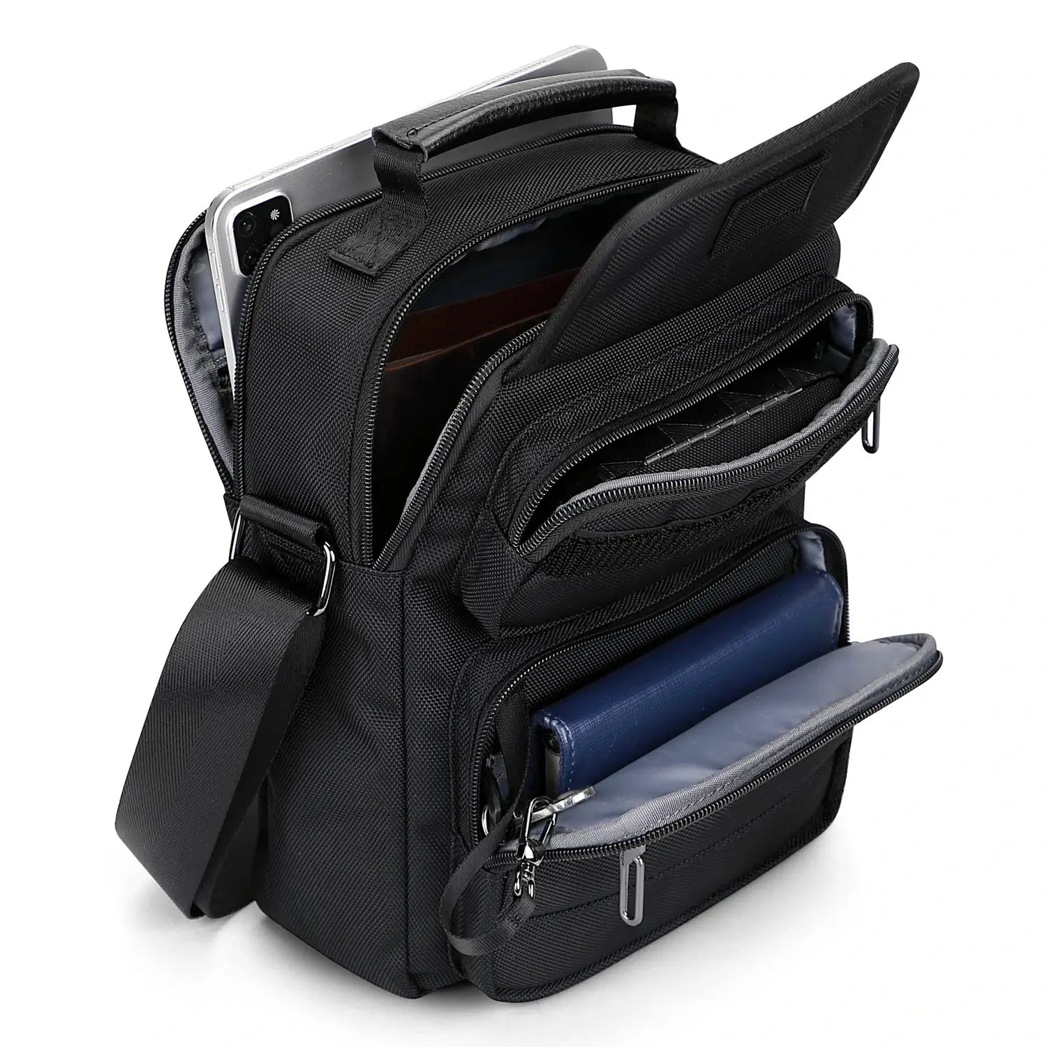 WITZMAN men’s black nylon crossbody sling bag with multiple compartments and iPad pocket B710