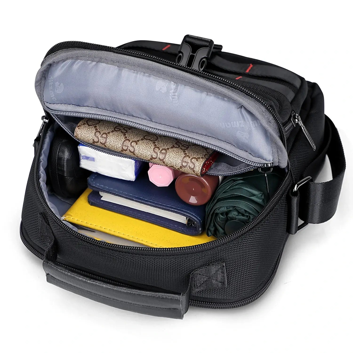 WITZMAN B708 men’s lightweight nylon crossbody bag with front MOLLE webbing - black messenger bag