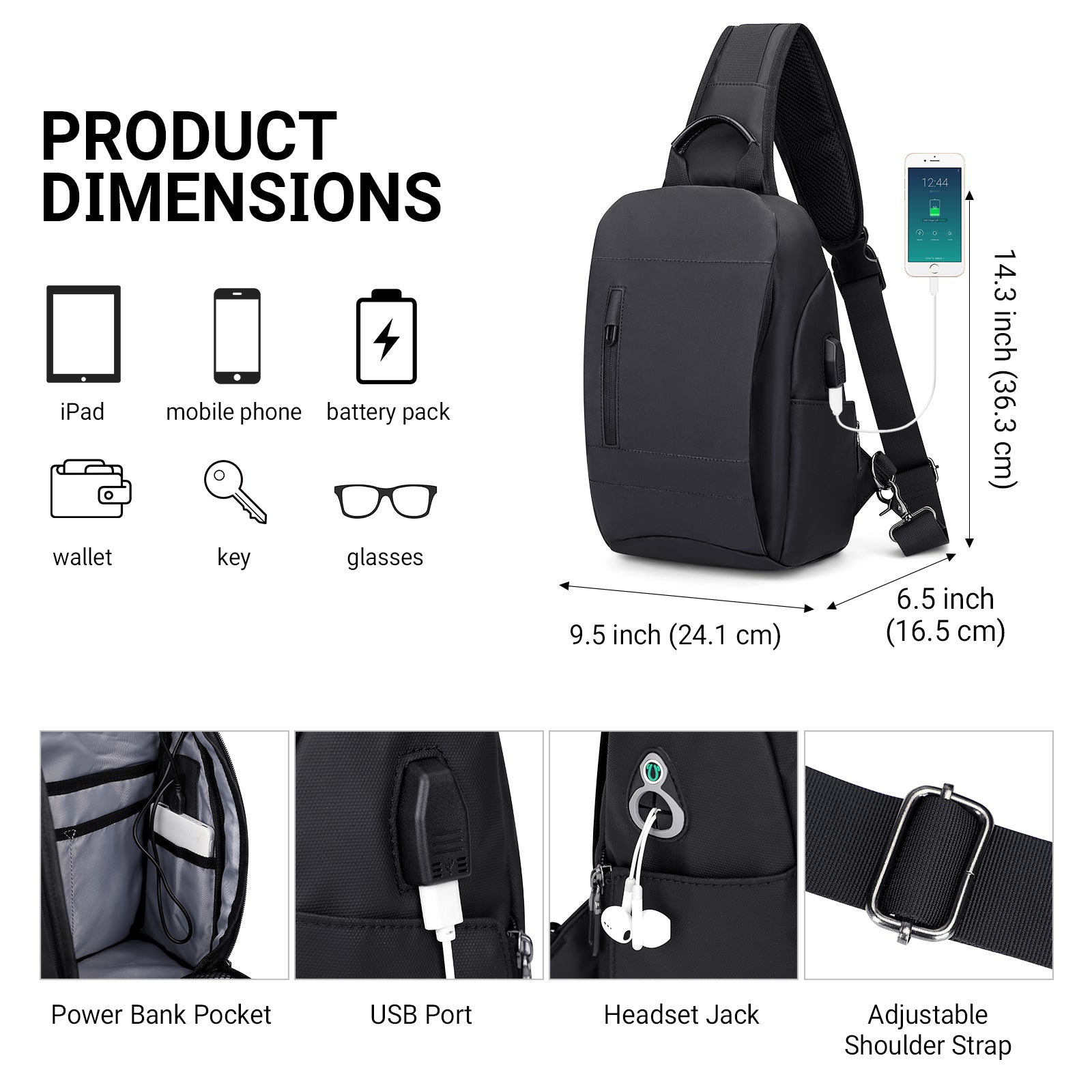 Black Nylon Sling Bag for Men Crossbody Bags