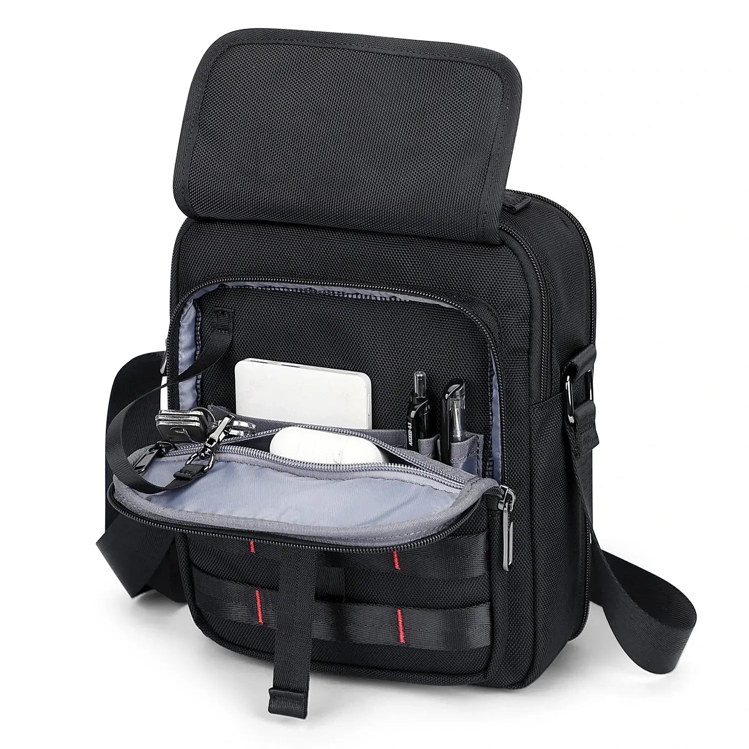 WITZMAN B708 men’s lightweight nylon crossbody bag with front MOLLE webbing - black messenger bag