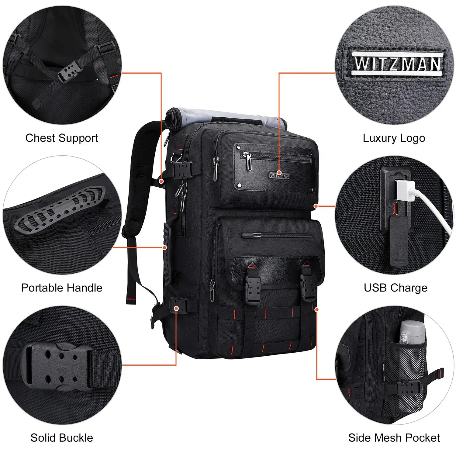 WITZMAN 45L convertible nylon travel backpack for men with USB port and multiple compartments b685