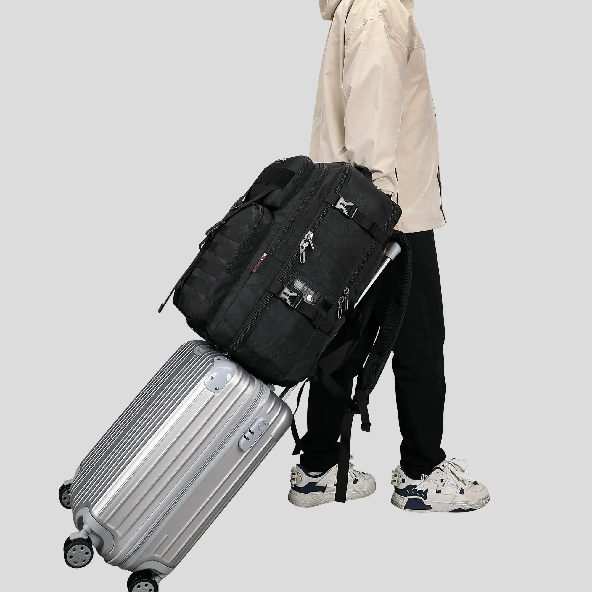 B688 Best large travel backpack carry on luggage bag black backpacks 45L with clamshell opening and multiple compartments