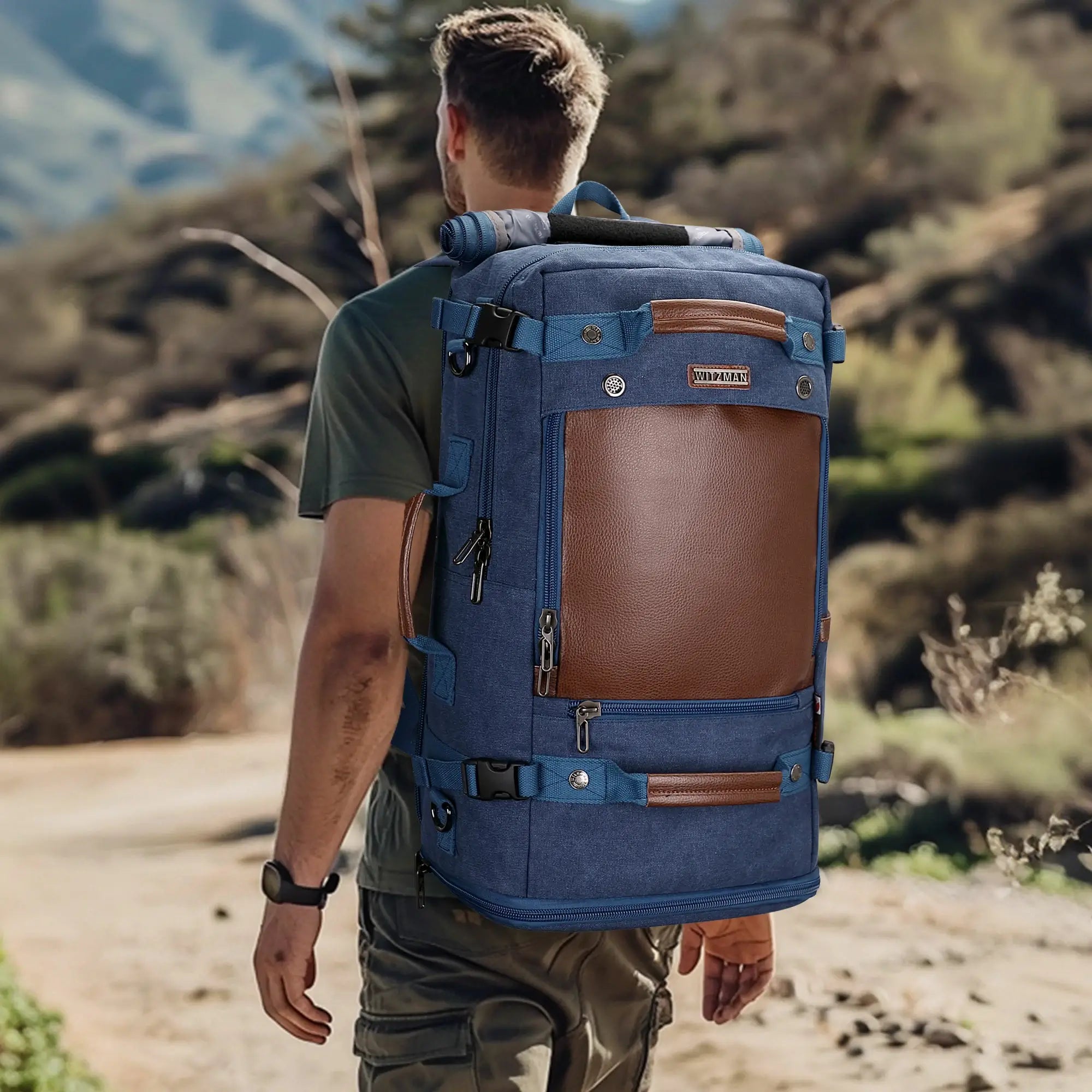 Travel Luggage Canvas Backpack for Men 22.5 inch green Rucksack blue