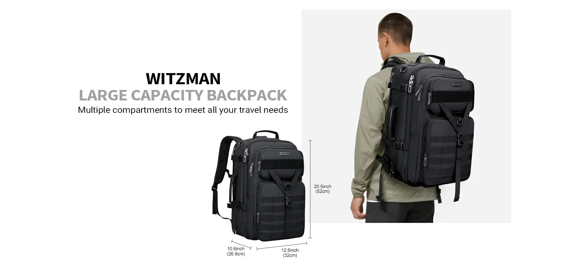 WITZMAN B688 black carry on travel backpack with laptop compartment and multi-pocket design