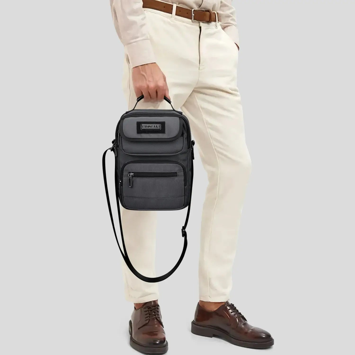 WITZMAN men’s sliver gray nylon crossbody sling bag with multiple compartments and iPad pocket B710 handle bag
