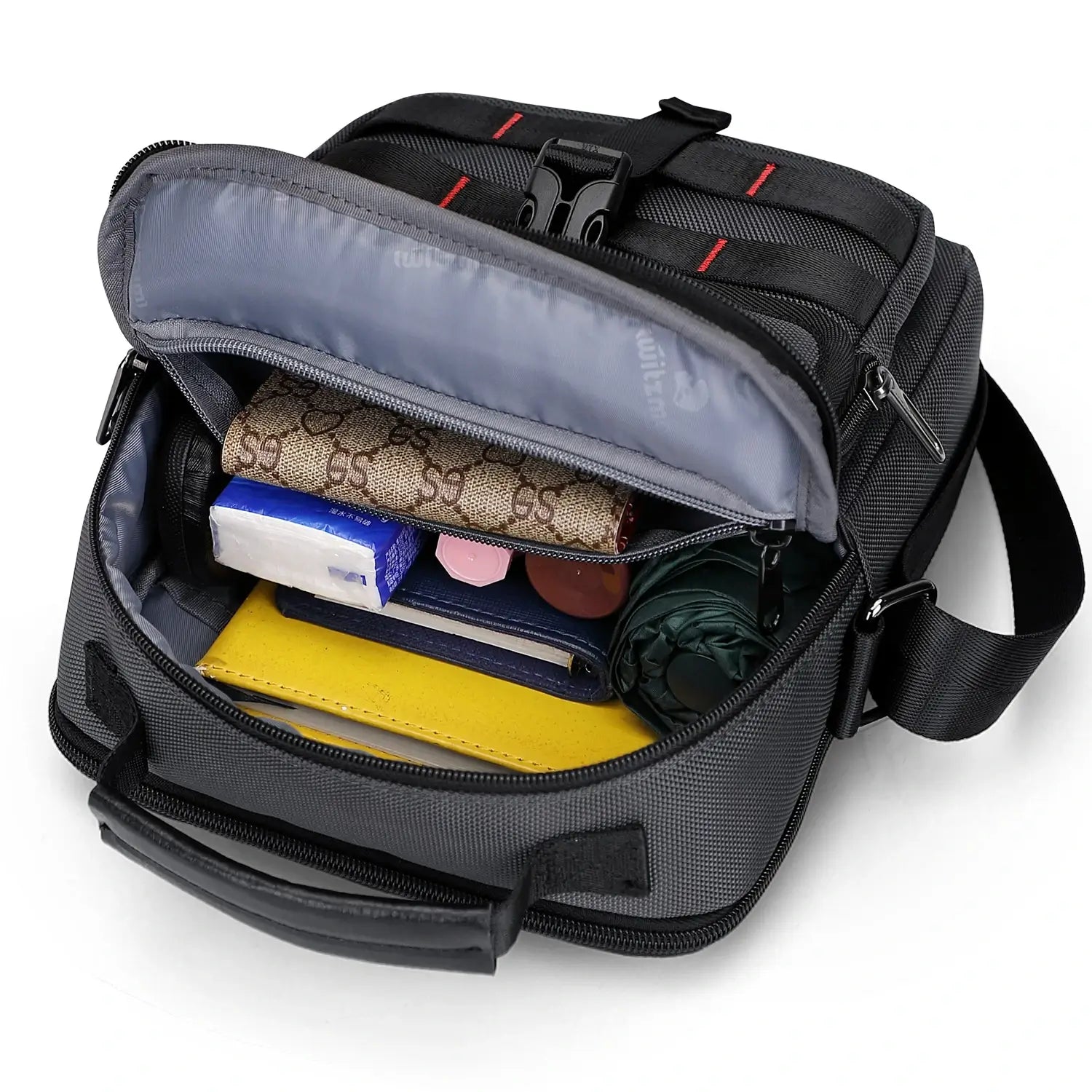 WITZMAN B708 men’s lightweight nylon crossbody bag with front MOLLE webbing - sliver grey messenger bag