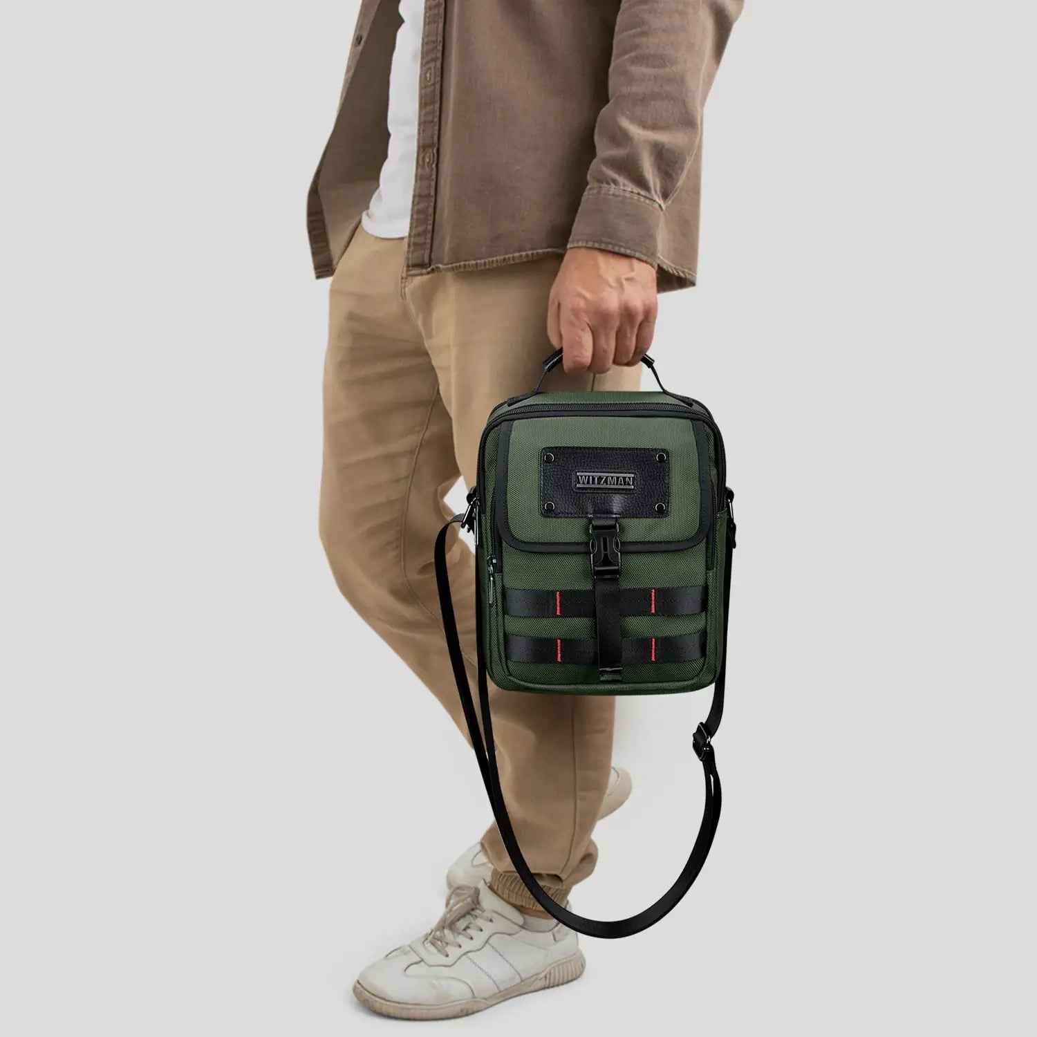 WITZMAN B708 men’s lightweight nylon crossbody bag with front MOLLE webbing - green messenger shoulder bag