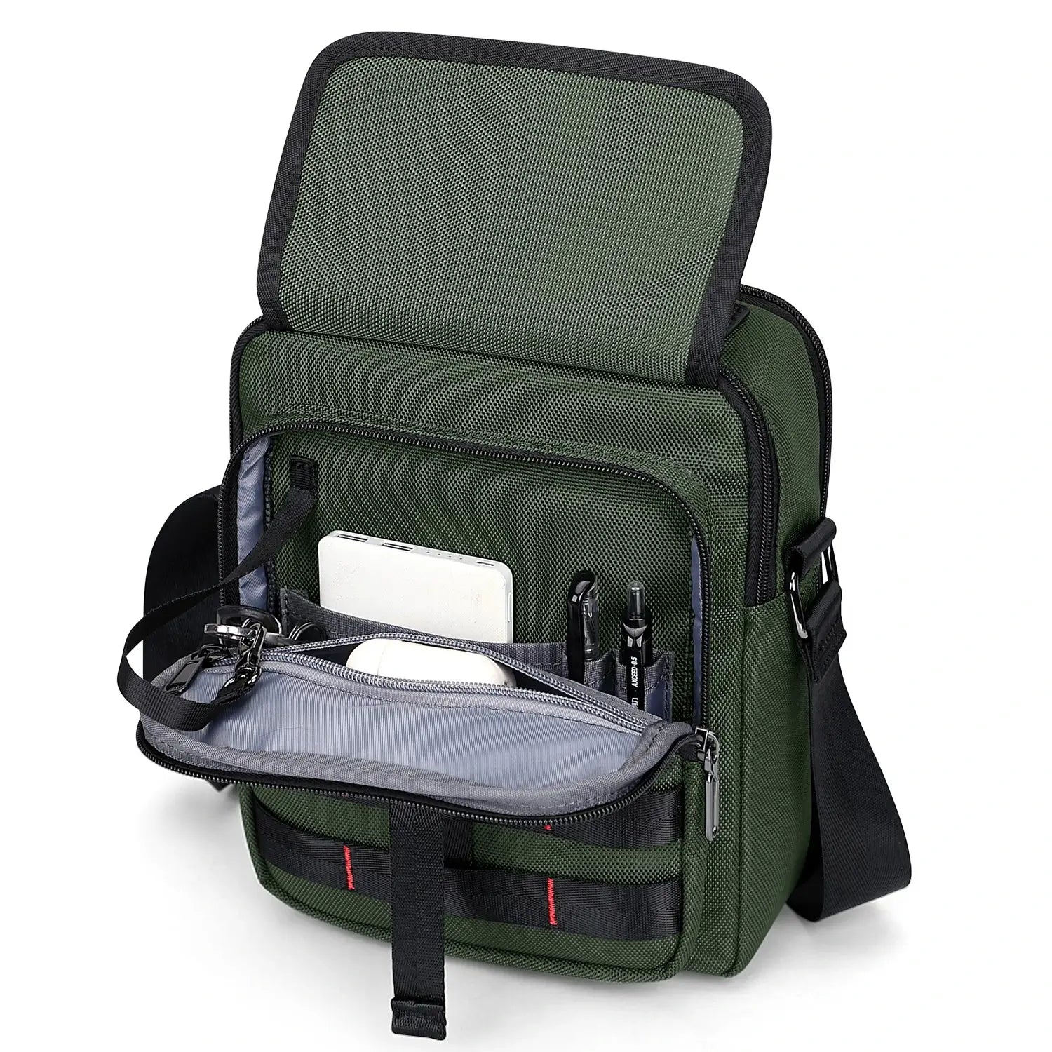 WITZMAN B708 men’s lightweight nylon crossbody bag with front MOLLE webbing - green messenger bag