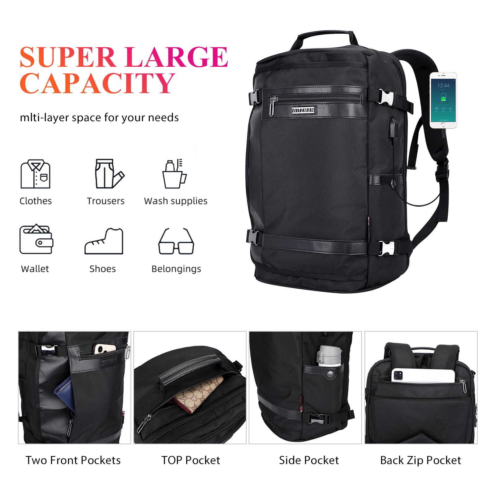 Black Nylon Travel Laptop Backpack B686 WITZMAN