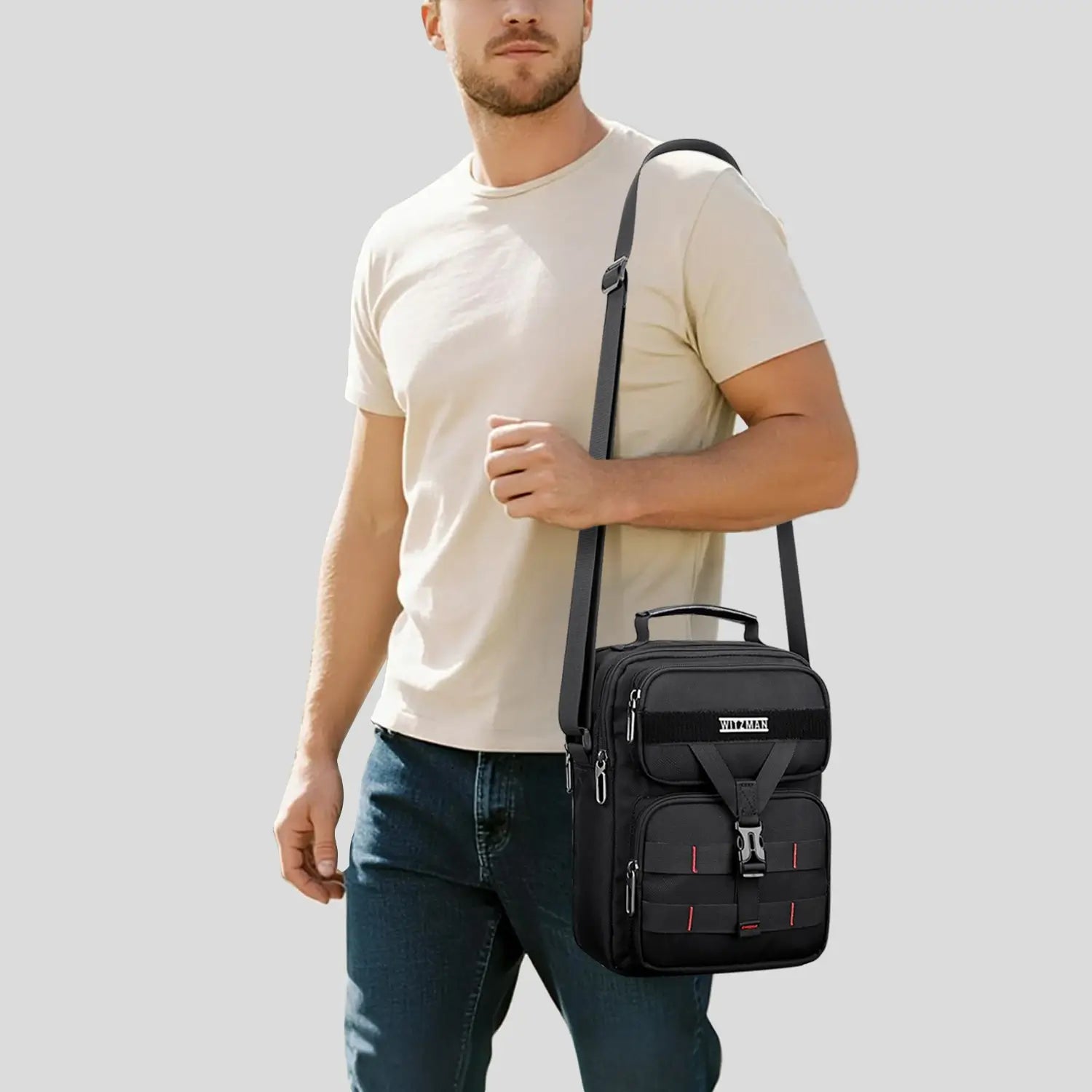 WITZMAN B707 nylon crossbody sling bag for men small travel shoulder messenger with anti-theft pocket and MOLLE webbing Black