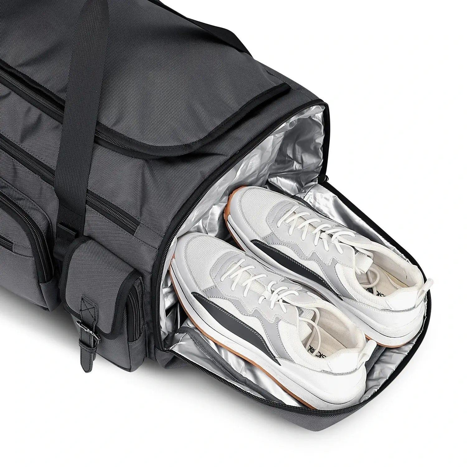 WITZMAN 54L silvery grey travel duffel bag for men with shoe compartment and wet-dry pocket