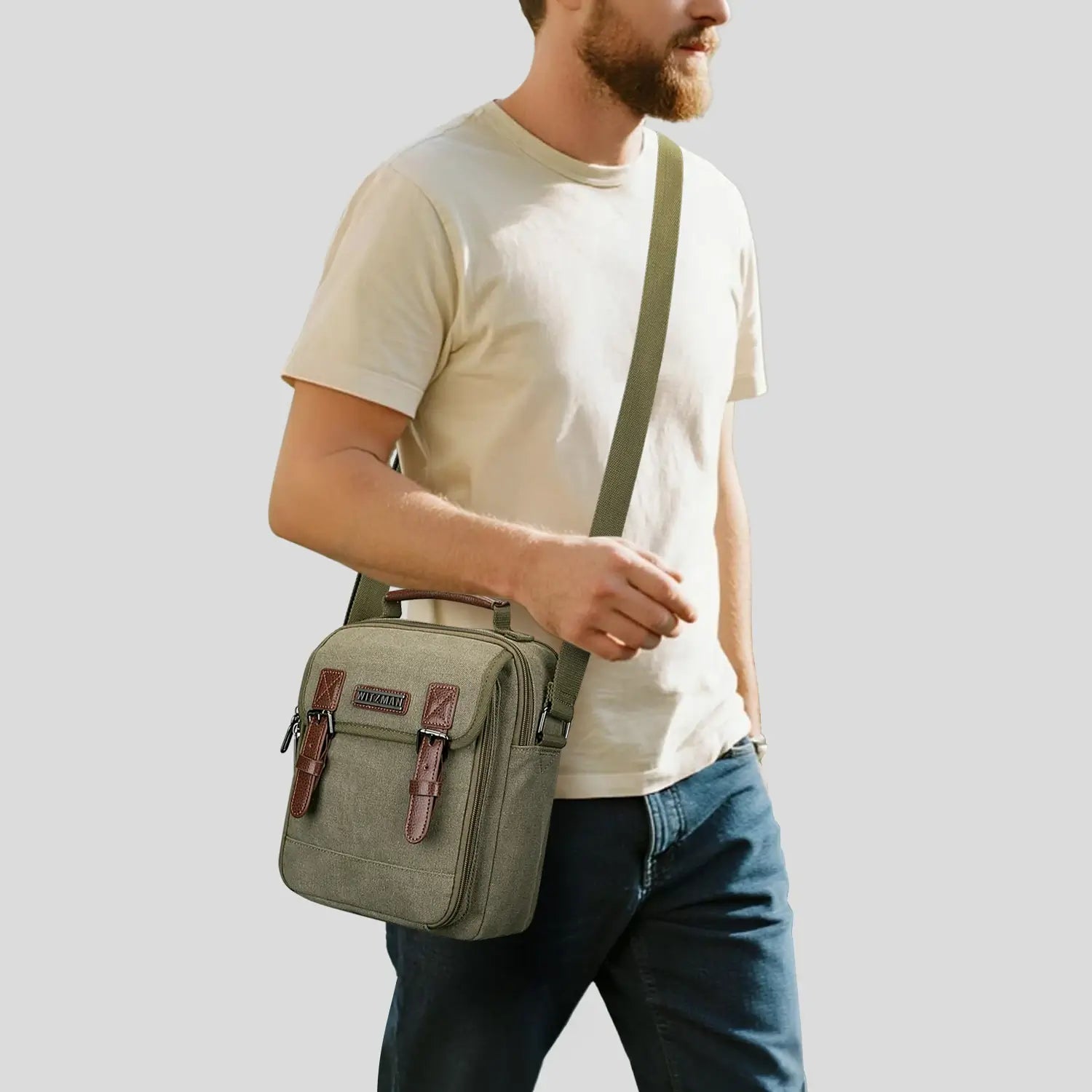 WITZMAN men’s canvas crossbody bag vintage sling messenger satchel for travel and everyday carry green bags