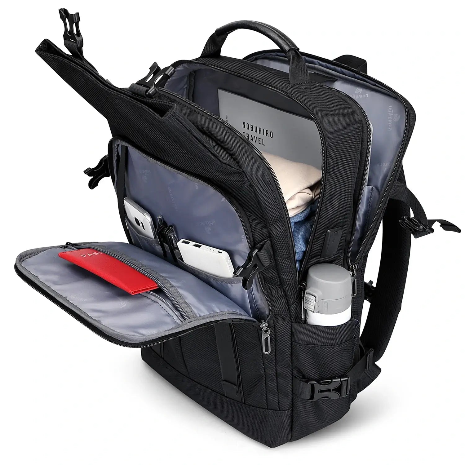 WITZMAN black nylon travel backpack for men with USB port and laptop compartment - black