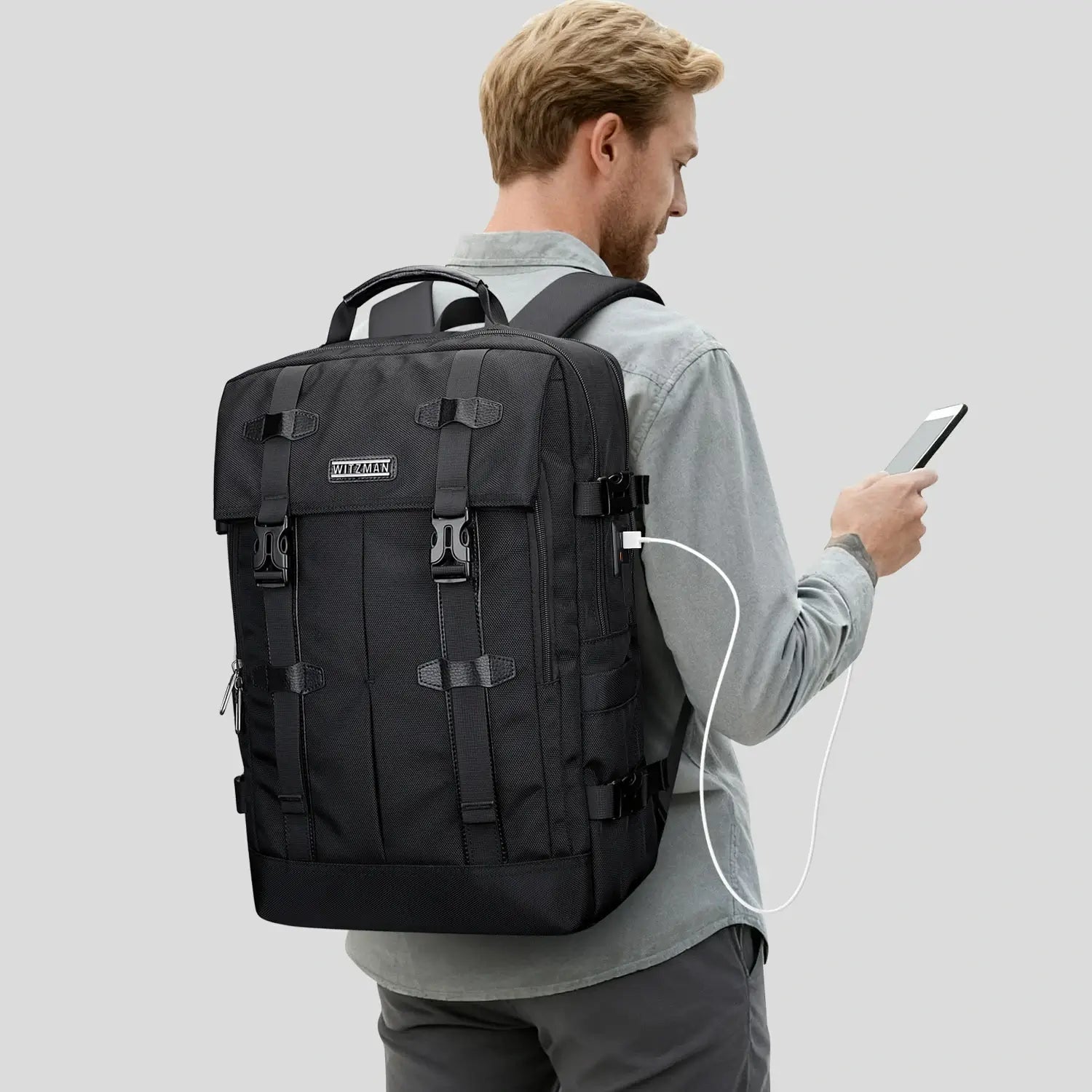 WITZMAN black nylon travel backpack for men with USB port and laptop compartment - black bag