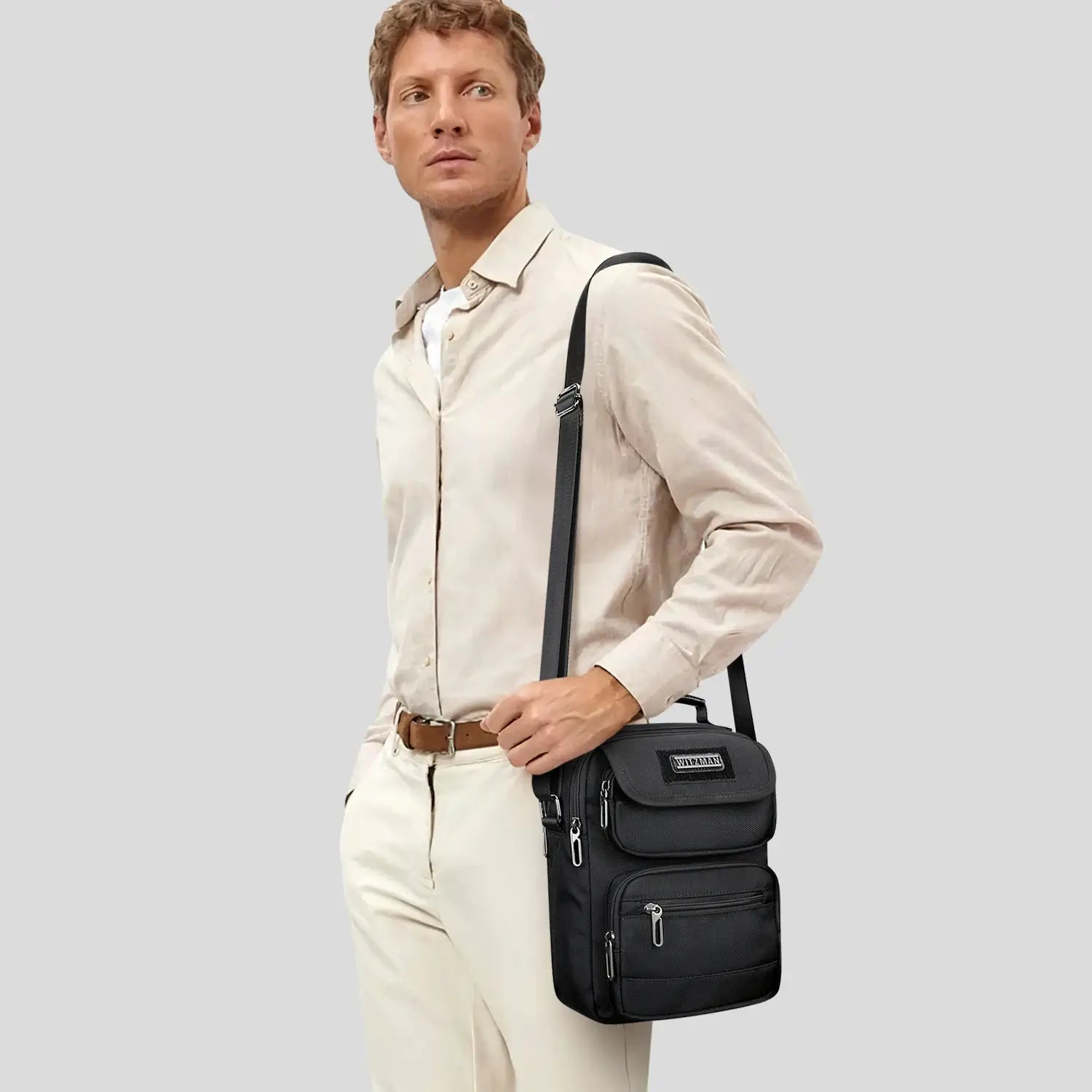 WITZMAN men’s black nylon crossbody sling bag with multiple compartments and iPad pocket B710 shoulder