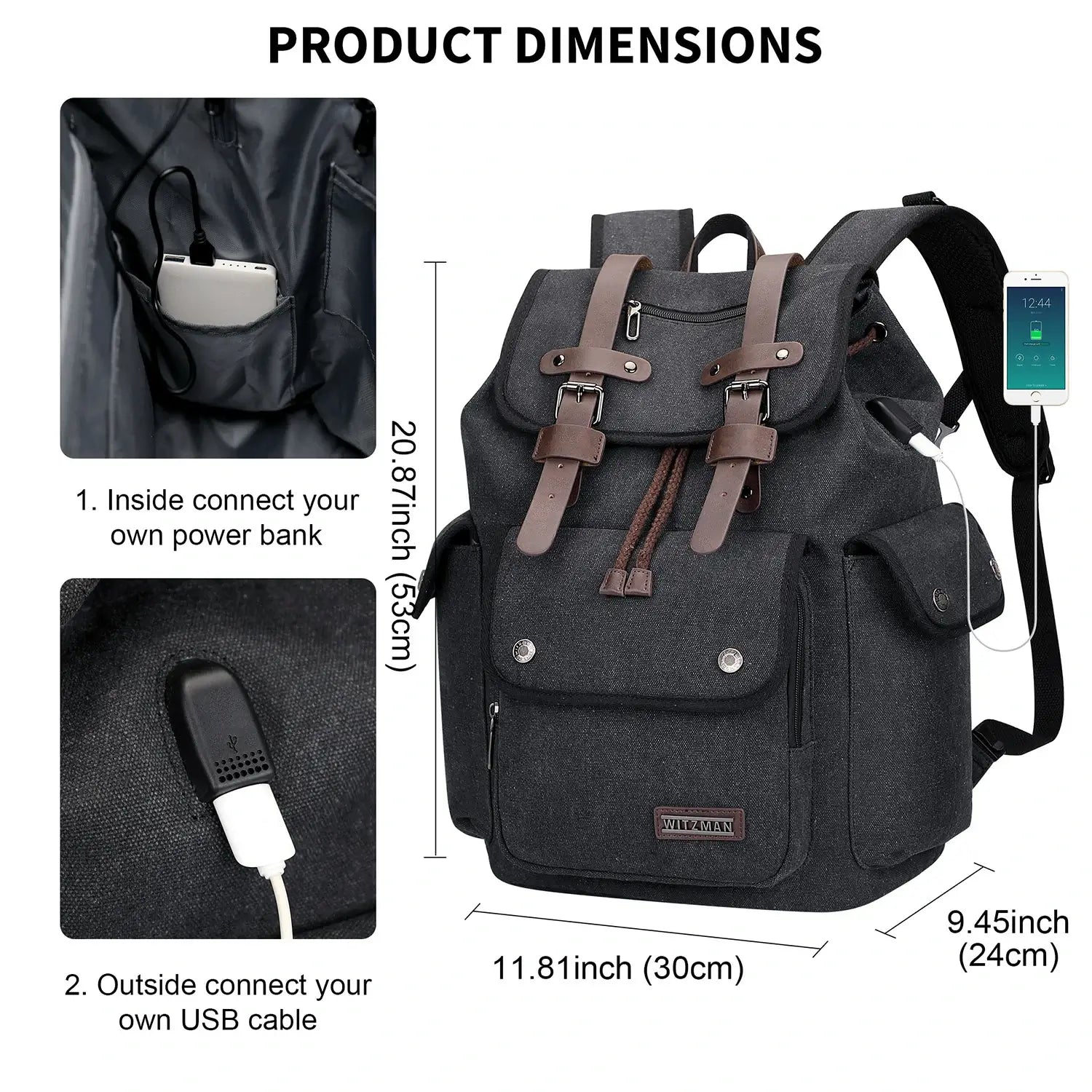 Canvas travel backpack with drawstring closure and laptop compartment for men and women a8004-2 black