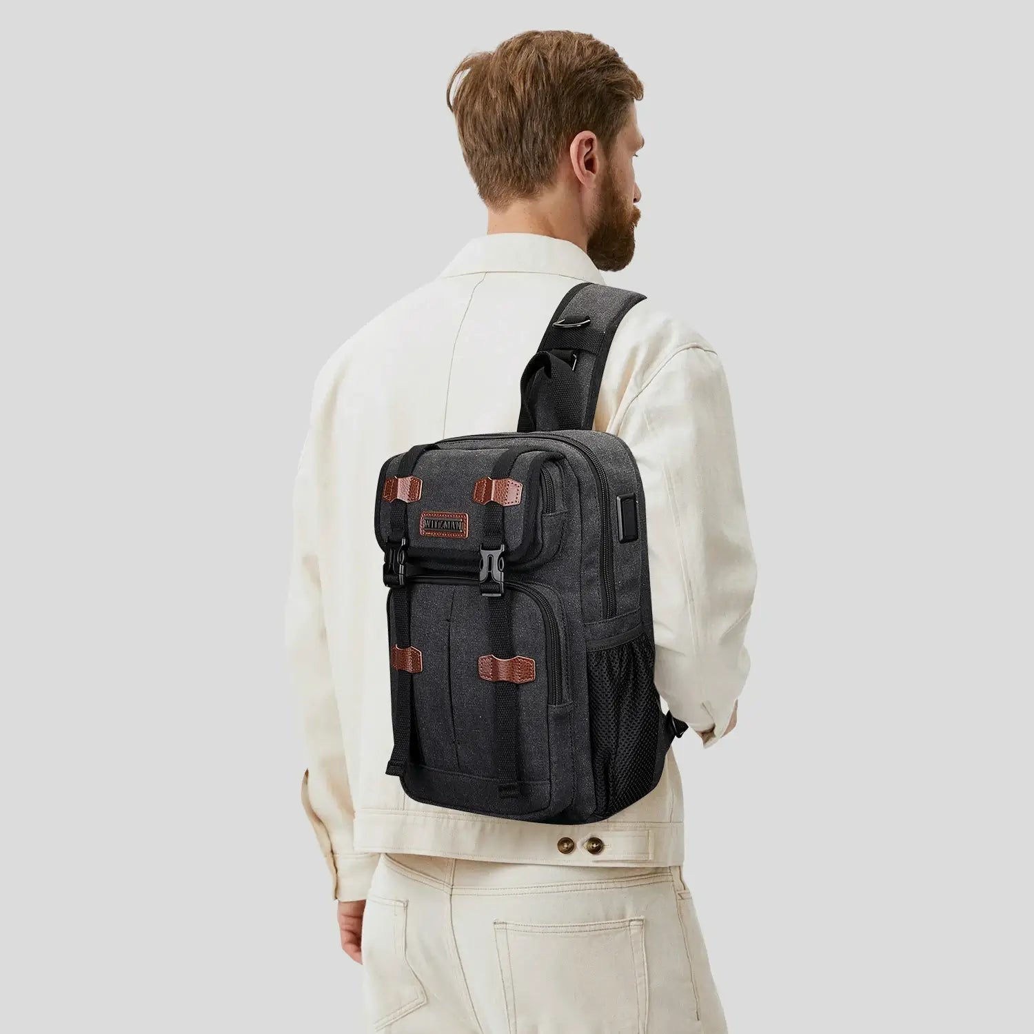 Men’s Canvas Sling Bag with USB Port, Vintage Crossbody Chest Bag A8019