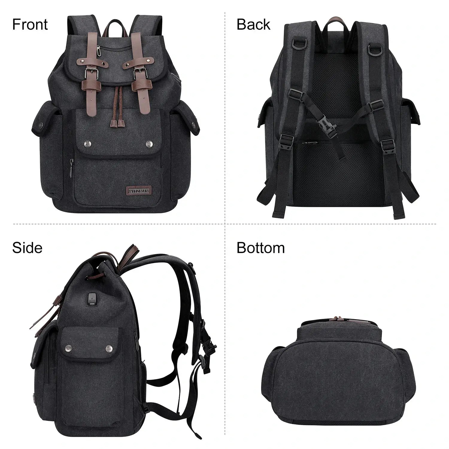 Canvas travel backpack with drawstring closure and laptop compartment for men and women a8004-2 black