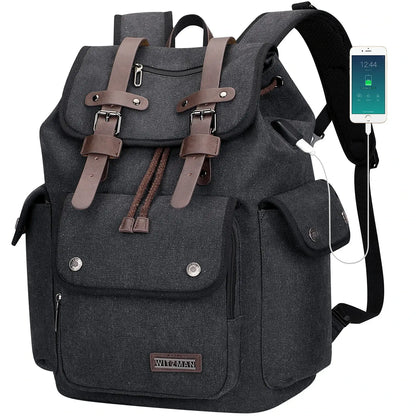 Canvas travel backpack with drawstring closure and laptop compartment for men and women a8004-2 black