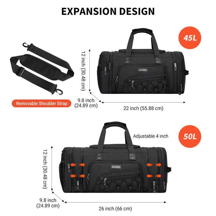 B695 Black WITZMAN Duffle Bag for Men Nylon Large Gym Weekender Bag with Shoe Compartment Expandable Overnight Bag Carry on Bag