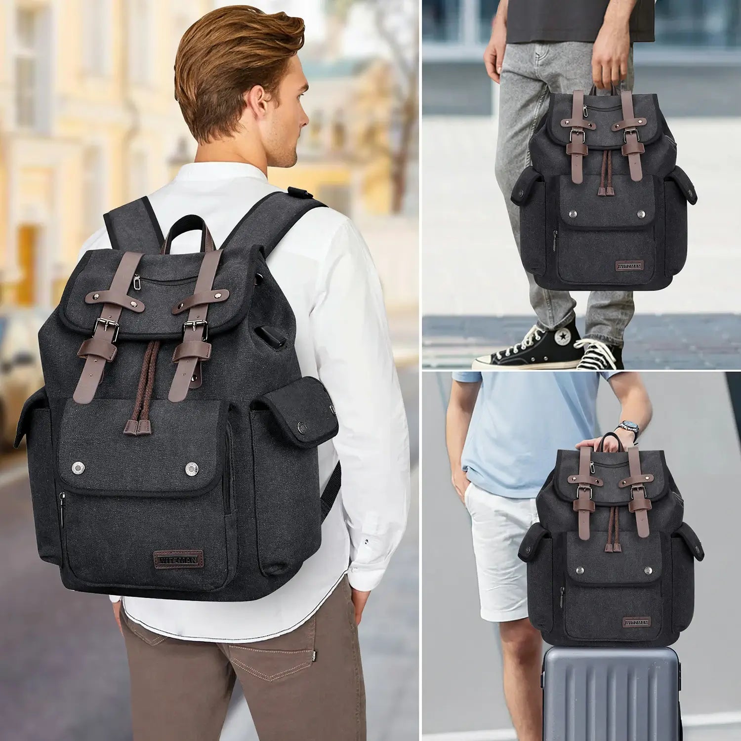 Canvas travel backpack with drawstring closure and laptop compartment for men and women a8004-2 black