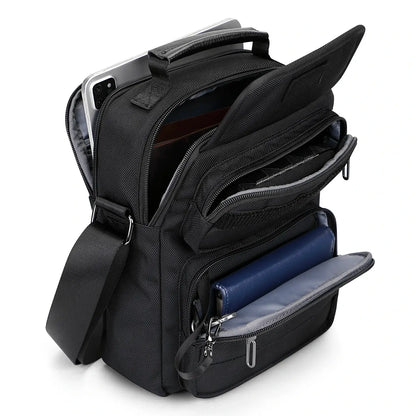 WITZMAN men’s black nylon crossbody sling bag with multiple compartments and iPad pocket B710