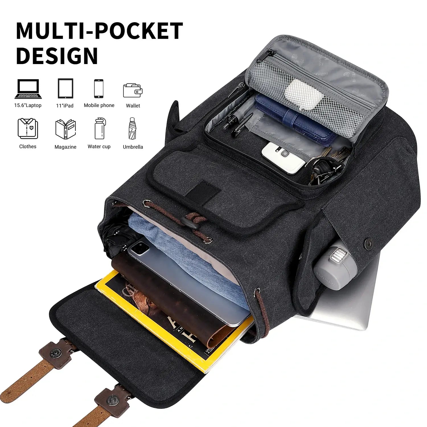 Canvas travel backpack with drawstring closure and laptop compartment for men and women a8004-2 black