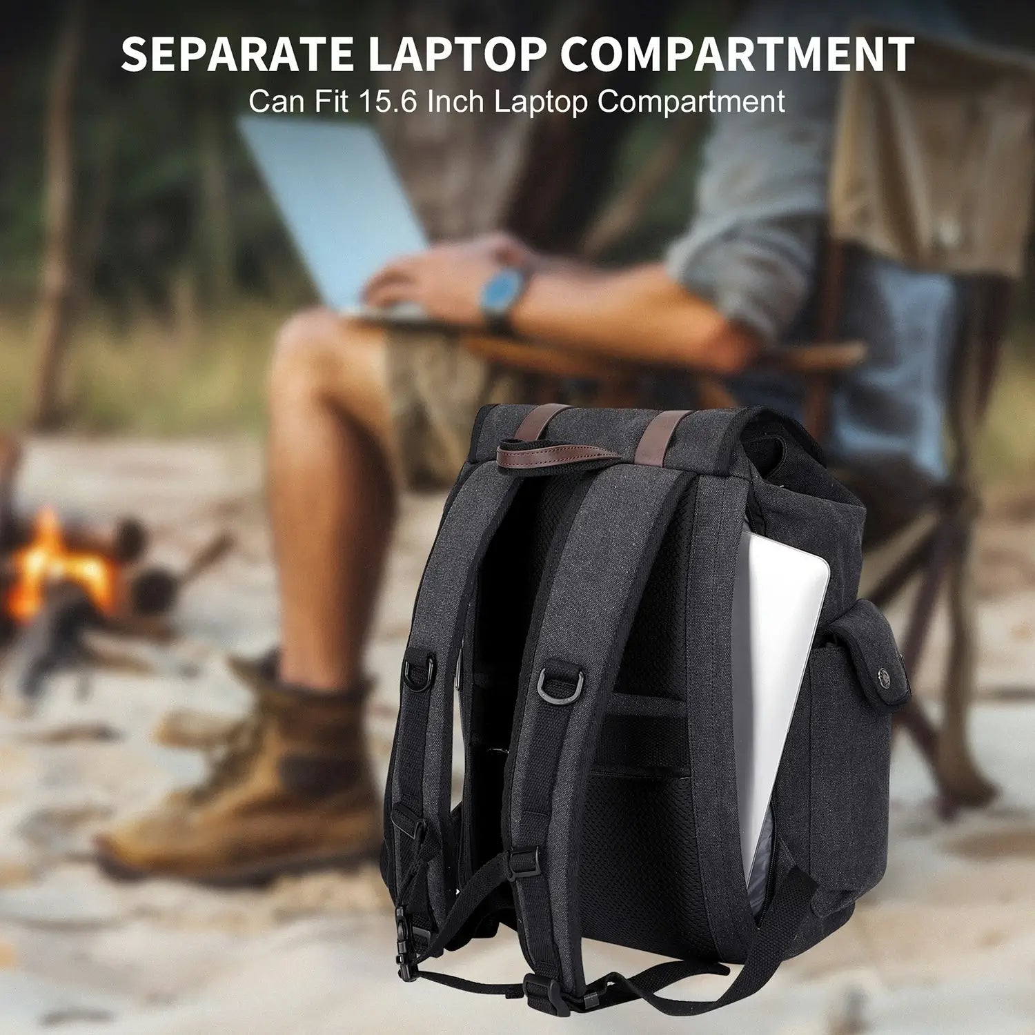 Canvas travel backpack with drawstring closure and laptop compartment for men and women a8004-2 black