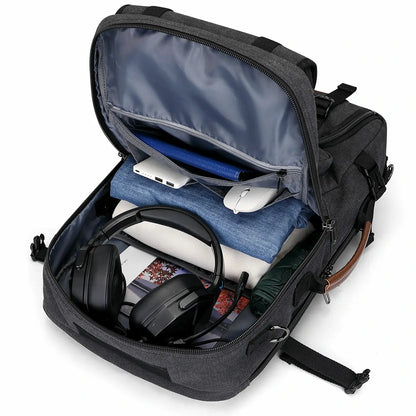 Convertible 40L travel backpack with USB port and 18+ compartments, fits 17 inch laptop, ideal for men and women a8013 best black backpack large