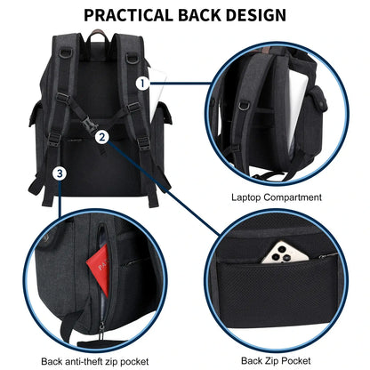 Canvas travel backpack with drawstring closure and laptop compartment for men and women a8004-2 black