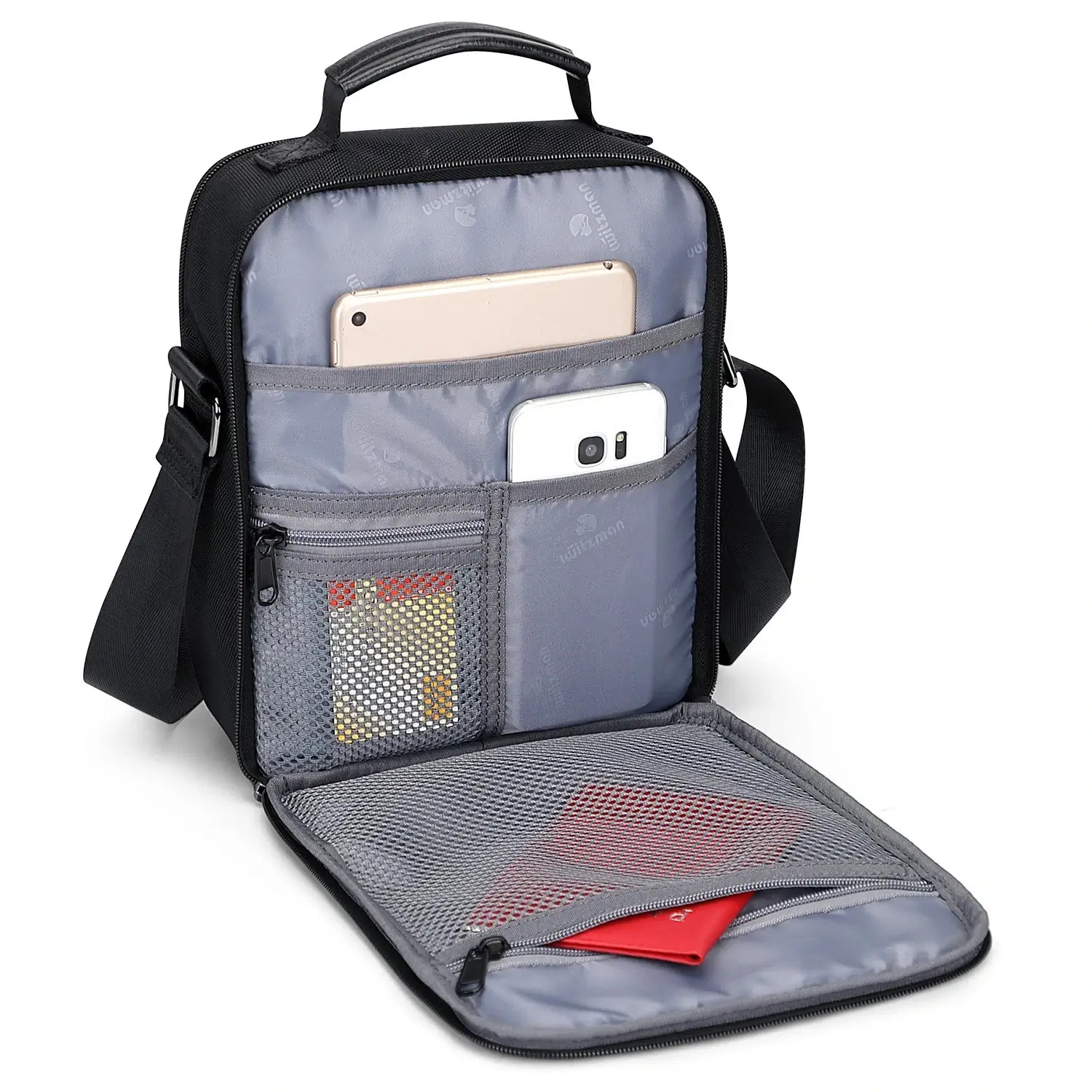 WITZMAN B708 men’s lightweight nylon crossbody bag with front MOLLE webbing - black messenger bag