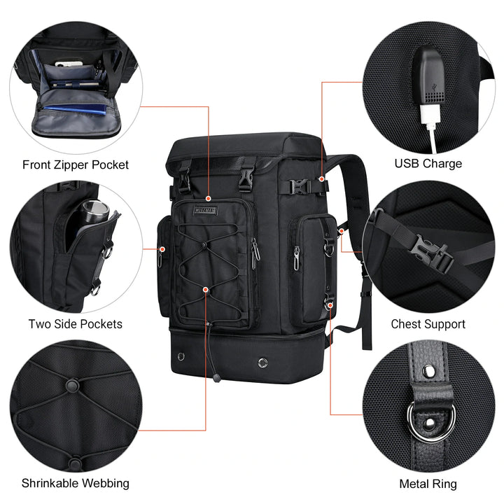 40L Nylon Travel Backpack With Shoe Compartment