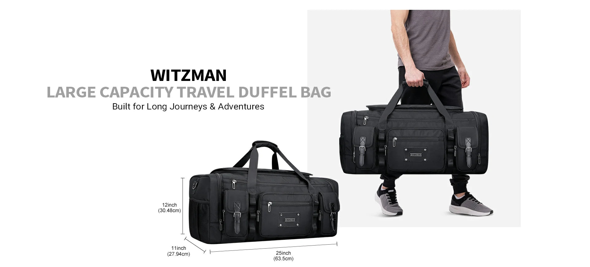 WITZMAN 54L large nylon duffel bag for men with shoe and wet-dry compartments