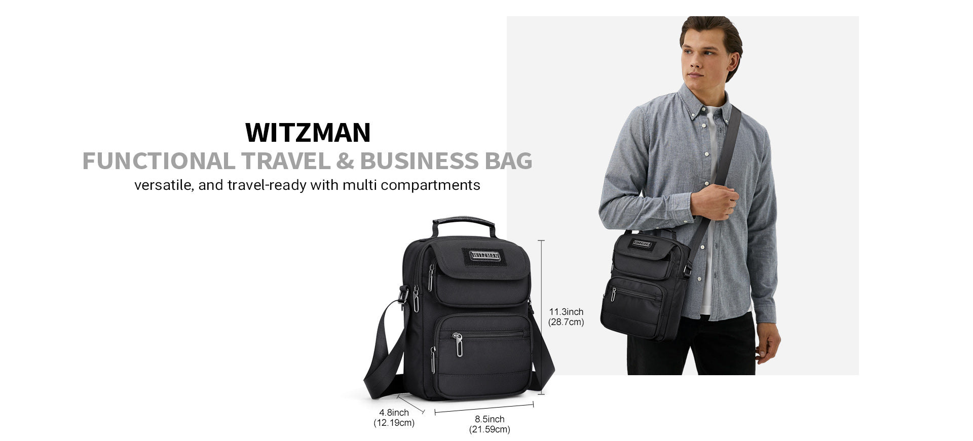 WITZMAN B710 black nylon crossbody sling bag with anti-theft pocket and iPad compartment