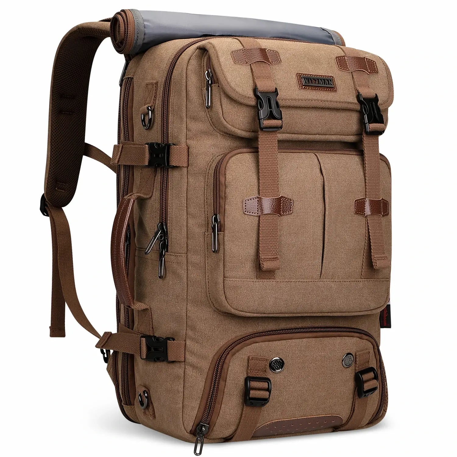 Convertible 40L travel backpack with USB port and 18+ compartments, fits 17 inch laptop, ideal for men and women a8013 brown bag