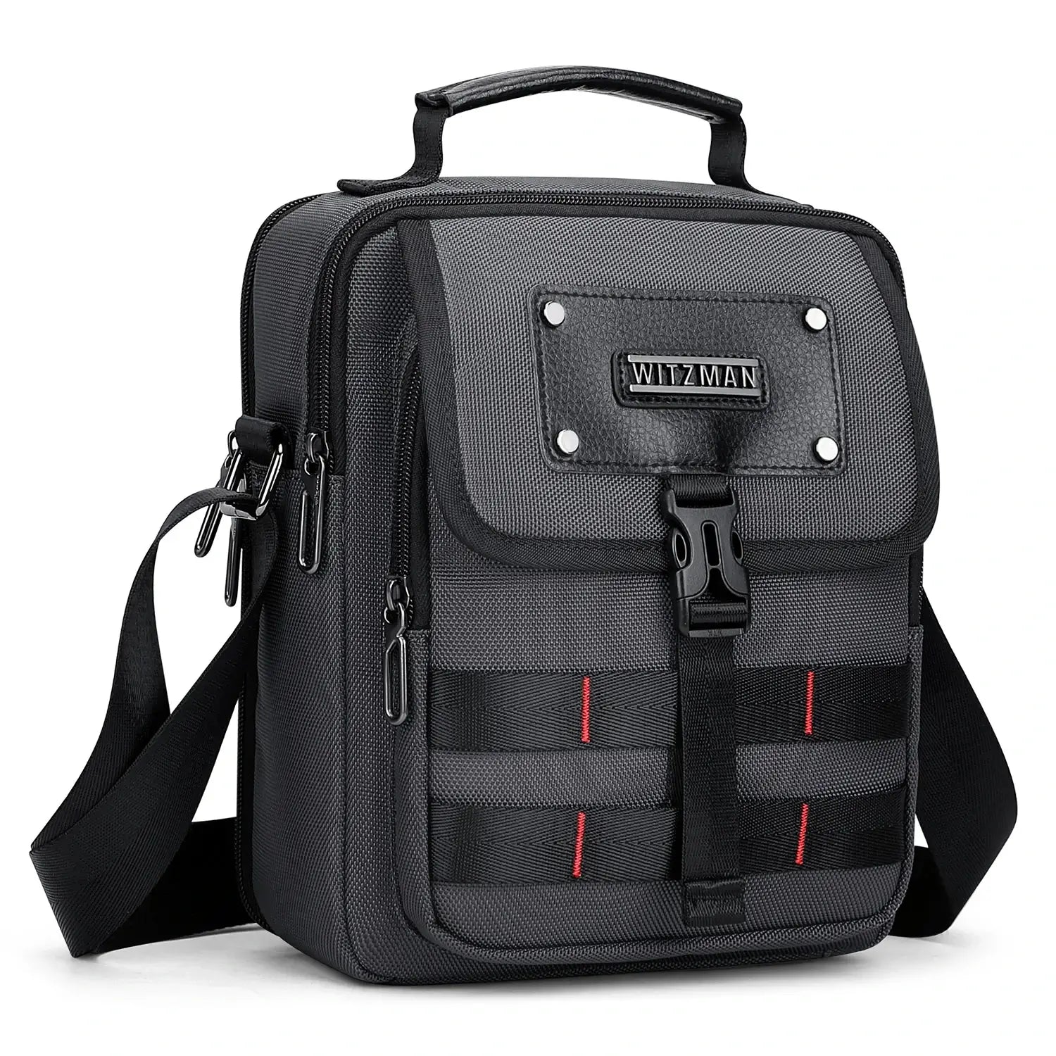 WITZMAN B708 men’s lightweight nylon crossbody bag with front MOLLE webbing - sliver grey messenger bag