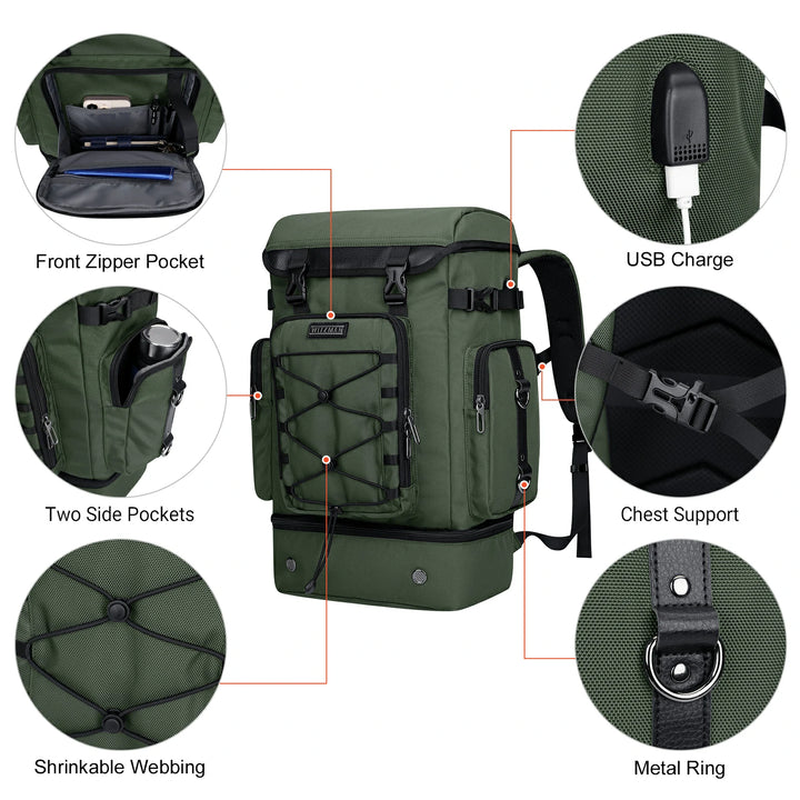40L Nylon Travel Backpack With Shoe Compartment