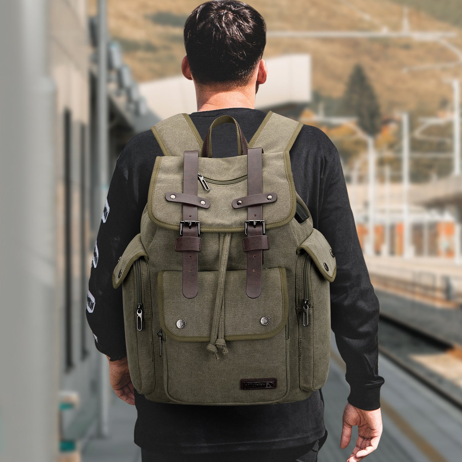 Army green canvas backpack on sale