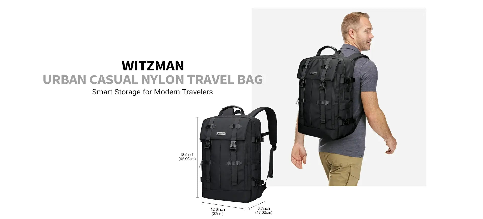 WITZMAN lightweight 30L nylon travel backpack with USB port and compartments specification chart