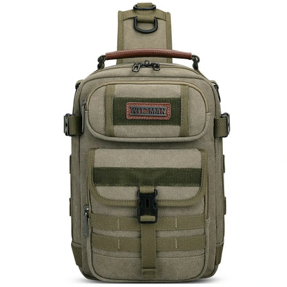 Casual men’s canvas sling bag with tactical webbing, padded iPad sleeve, and anti-theft pocket. Ideal for daily carry, travel, and city commuting.-green bag a8021 witzman