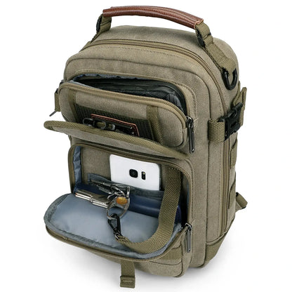 Casual men’s canvas sling bag with tactical webbing, padded iPad sleeve, and anti-theft pocket. Ideal for daily carry, travel, and city commuting.-green bag a8021 witzman