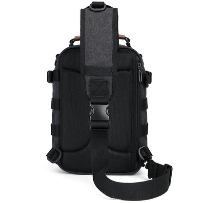 Casual men’s canvas sling bag with tactical webbing, padded iPad sleeve, and anti-theft pocket. Ideal for daily carry, travel, and city commuting.-black bag a8021 witzman
