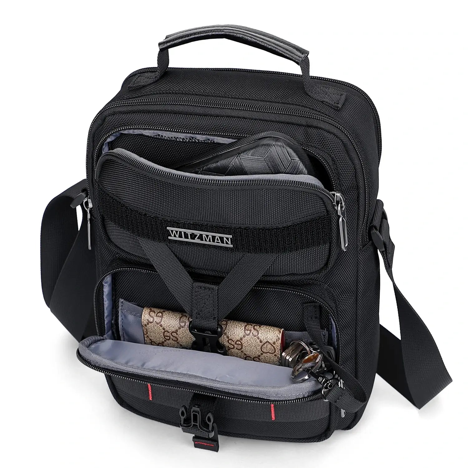 WITZMAN B707 nylon crossbody sling bag for men small travel shoulder messenger with anti-theft pocket and MOLLE webbing Black