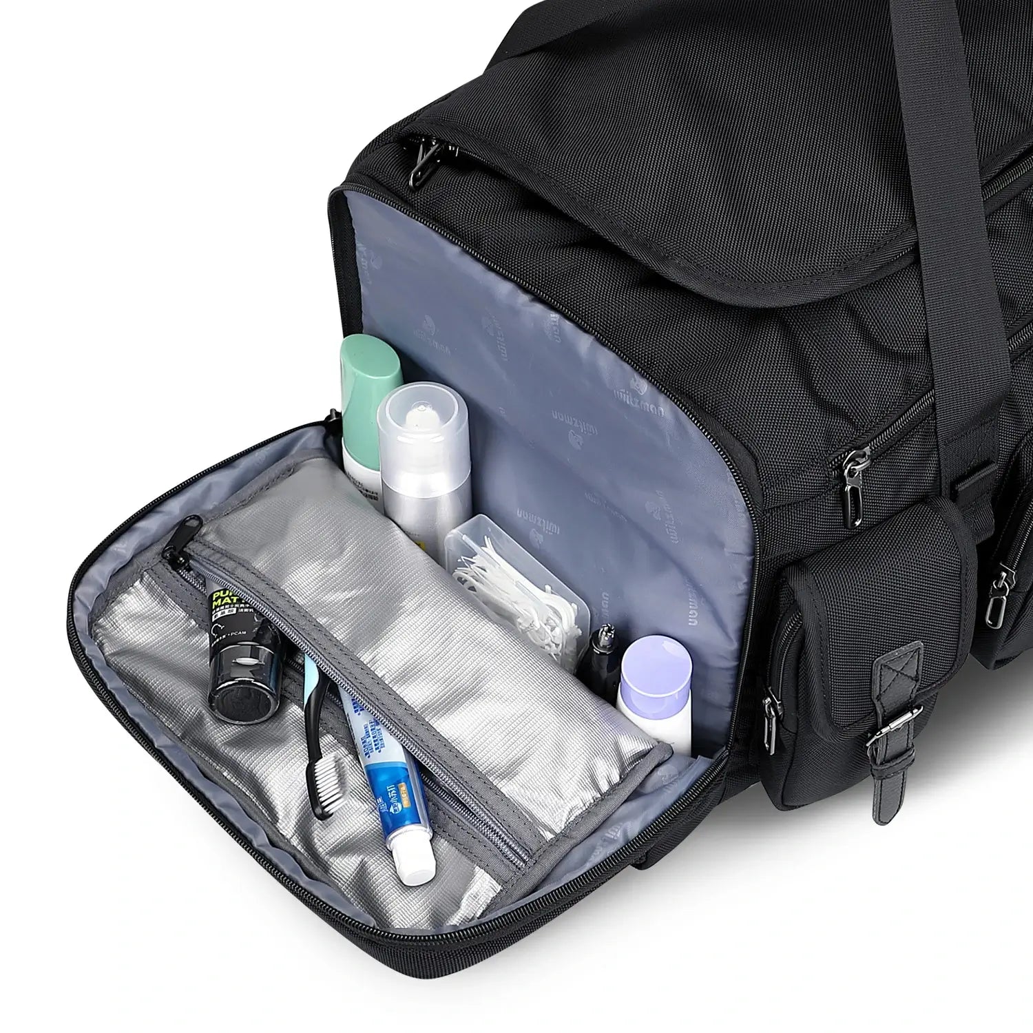 WITZMAN 54L black travel duffel bag for men with shoe compartment and wet-dry pocket
