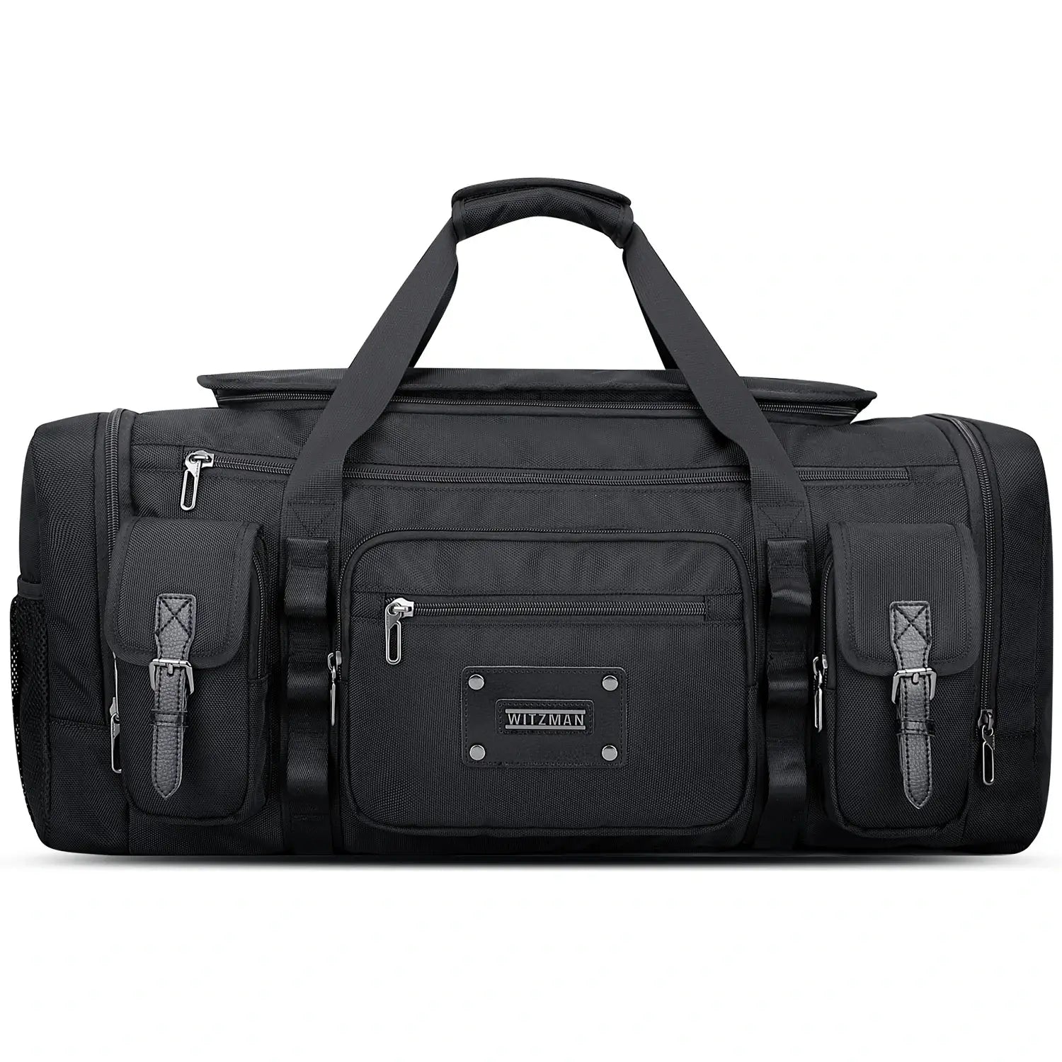 WITZMAN 54L black travel duffel bag for men with shoe compartment and wet-dry pocket