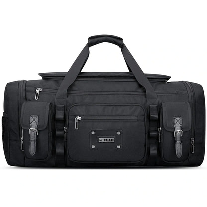 WITZMAN 54L black travel duffel bag for men with shoe compartment and wet-dry pocket