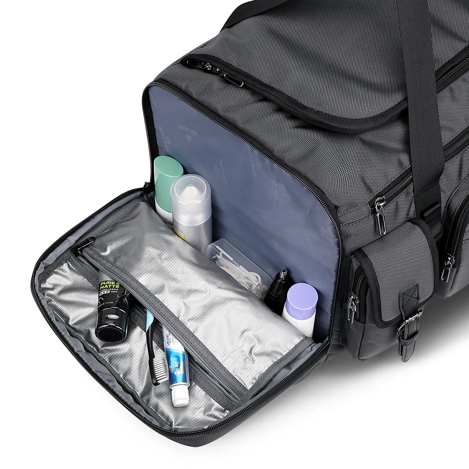 WITZMAN 54L silvery grey travel duffel bag for men with shoe compartment and wet-dry pocket 